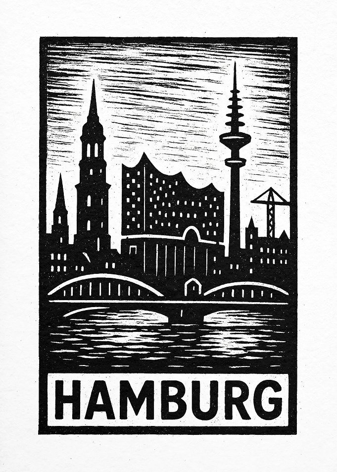 Hamburg Cityscape Woodcut Print