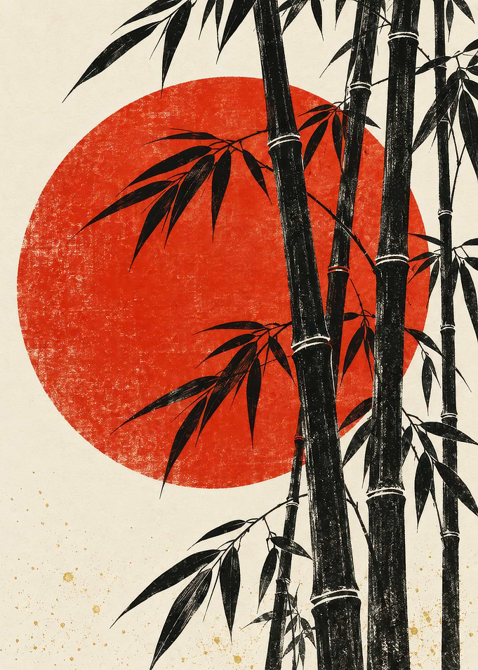 Minimalist Bamboo and Red Sun Art