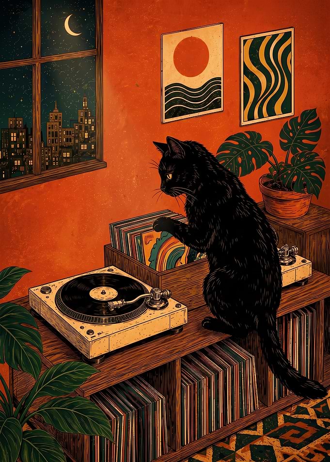 Black Cat DJ Playing Vinyl Records