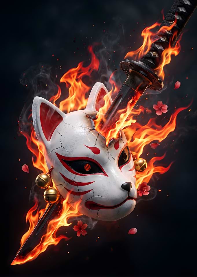Kitsune Mask Pierced by Flaming Katana