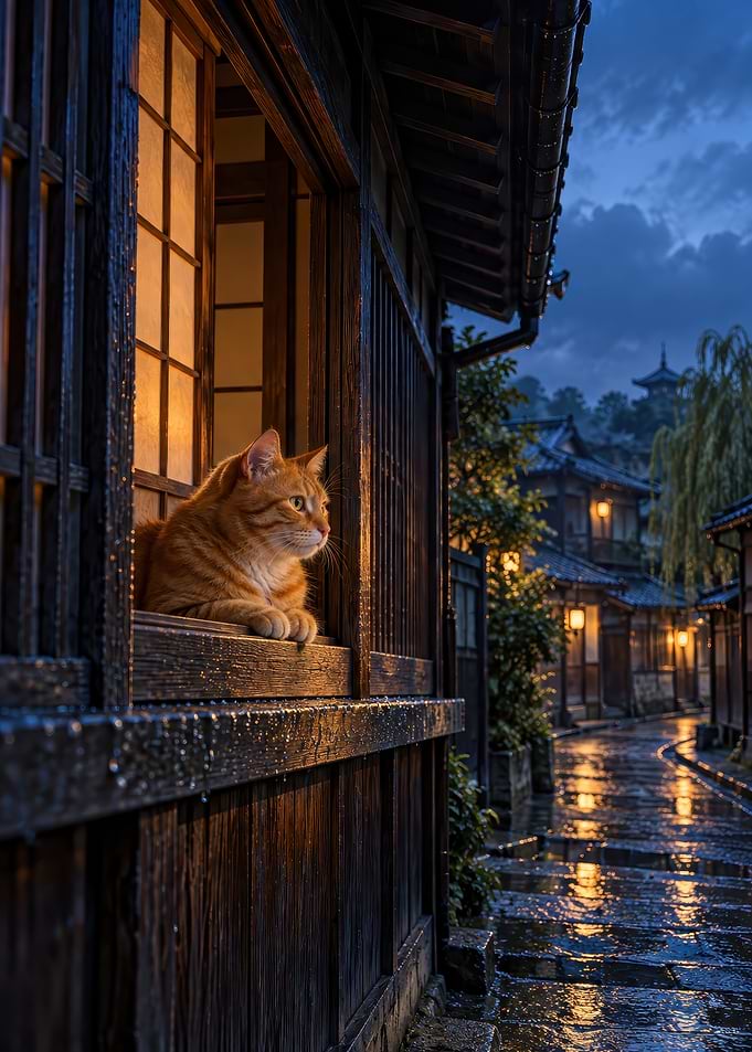 Ginger Cat in Traditional Japanese Window