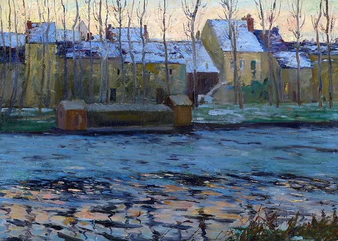 Winter Snow River Landscape Painting
