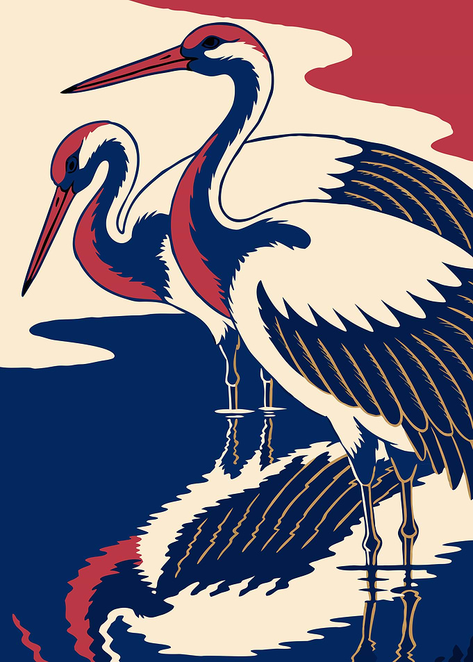 Japanese Cranes Ukiyo-e Metal Poster, No Text