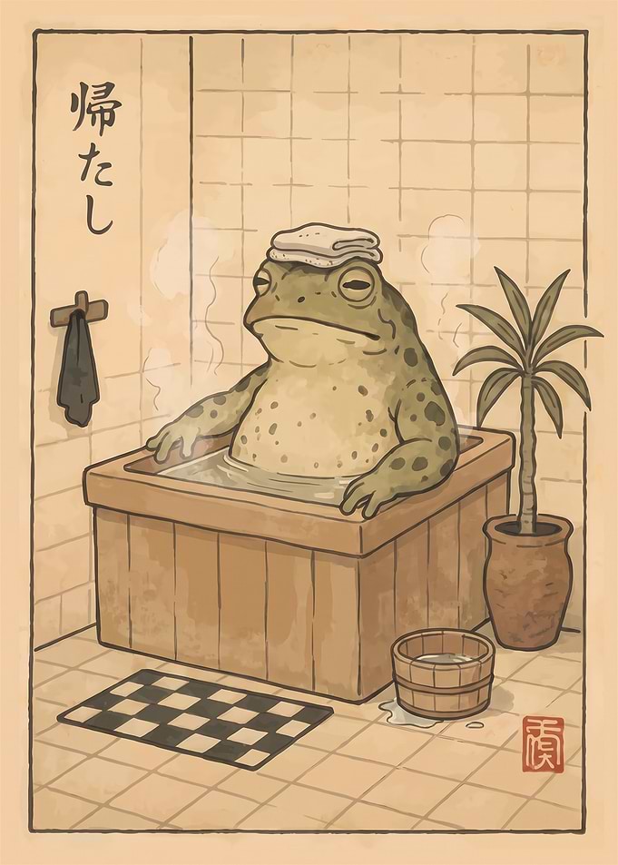 Relaxed Frog in Wooden Bath