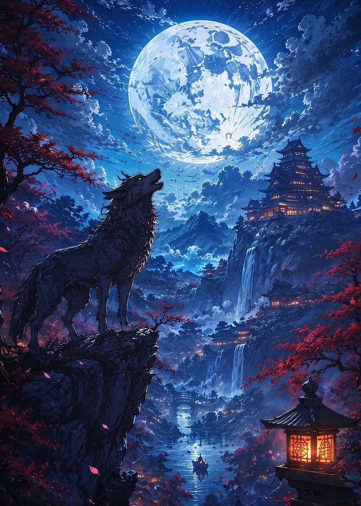 Wolf Japan Moon Fantasy Art