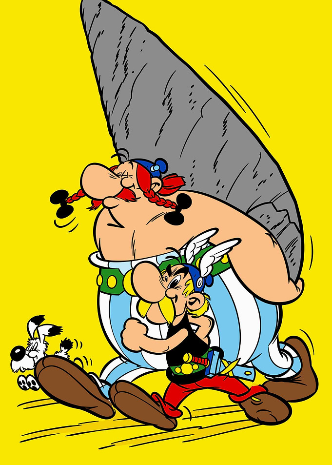 Asterix Obelix and Dogmatix walking