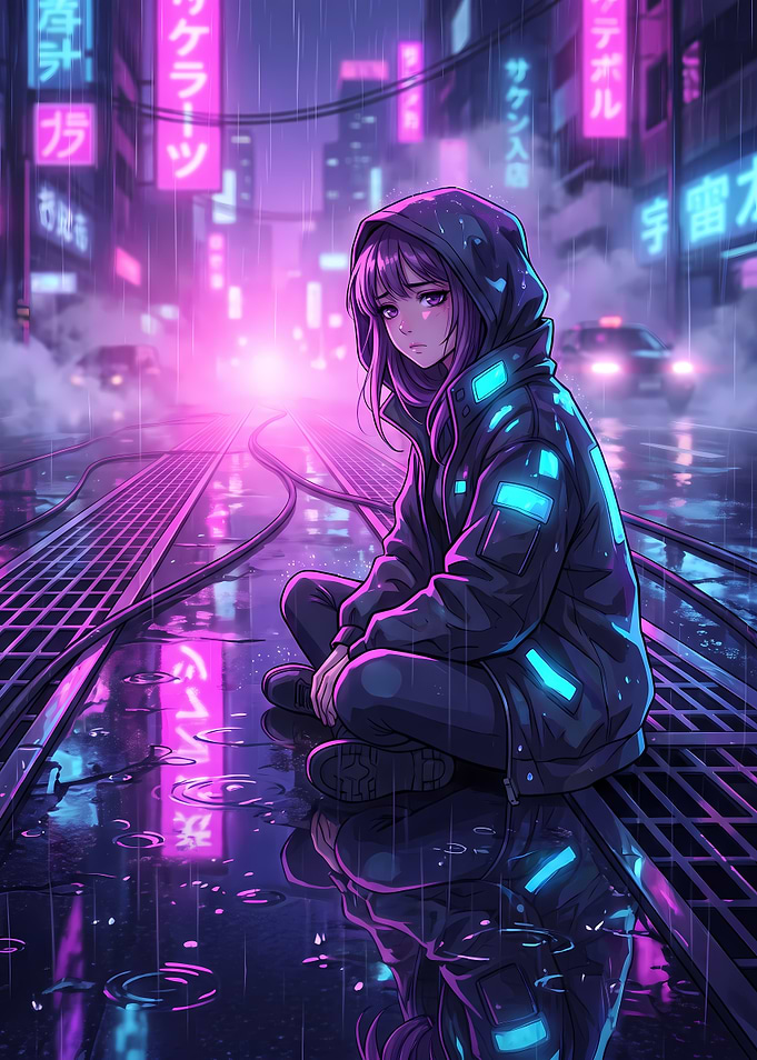 Sad Anime Girl in Cyberpunk City