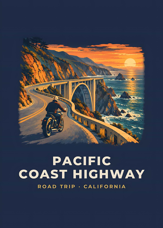 Pacific Coast Highway Vintage Road Trip Poster Motorcycle