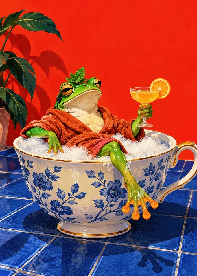 Relaxed Frog in Teacup Bath