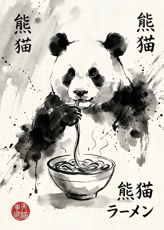 Ink Wash Painting of Panda Eating Ramen