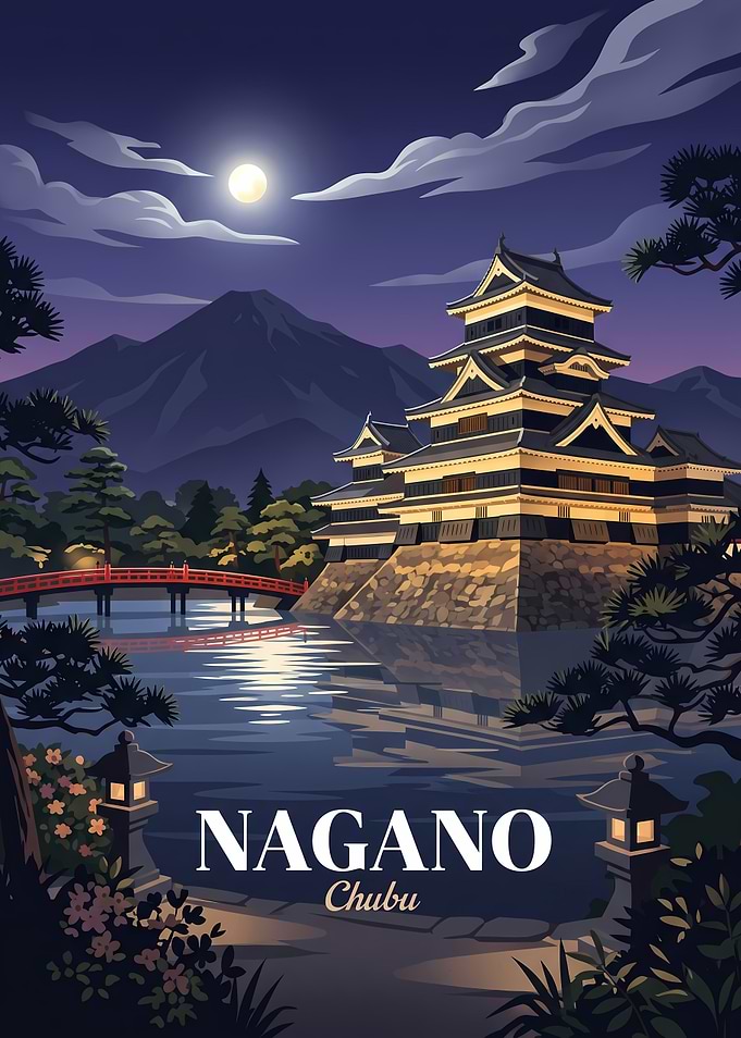 Nagano Japan Castle Night Poster