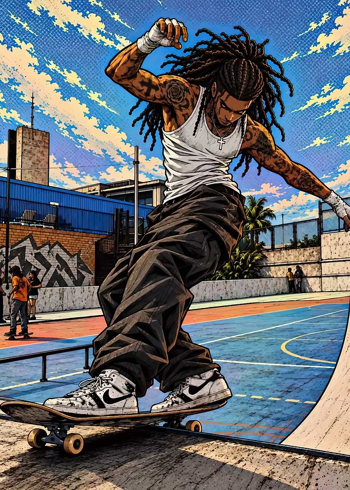 Skater with Dreadlocks in Urban Park