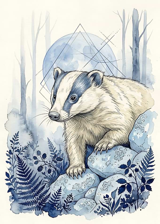 Watercolor Badger in Forest Setting