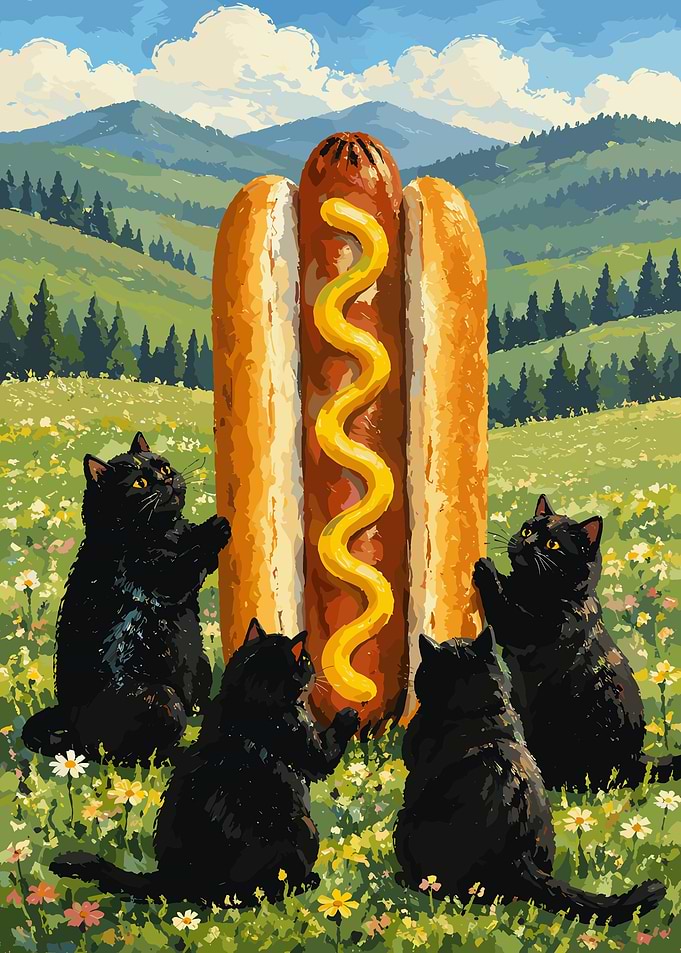 Four Black Cats Worshiping Giant Hotdog