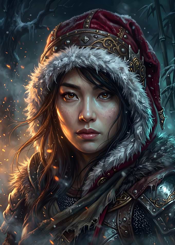 Dark Fantasy Warrior Woman in Santa Hat