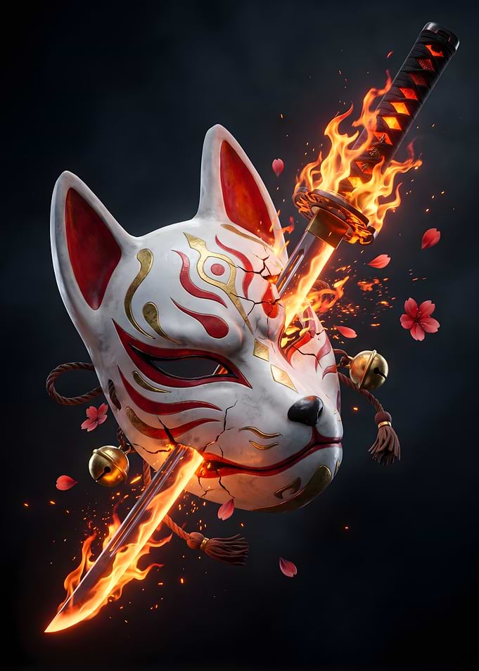 Kitsune Mask Pierced by Flaming Katana