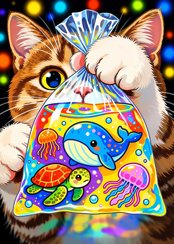 Cute Cat Holding Marine Life Bag