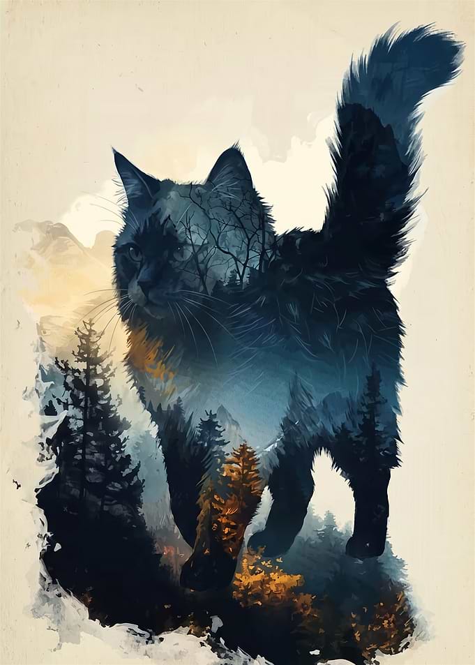Double Exposure Forest Cat Illustration