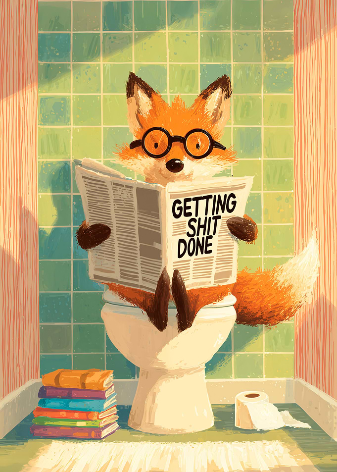 Funny Fox Reading Newspaper on Toilet
