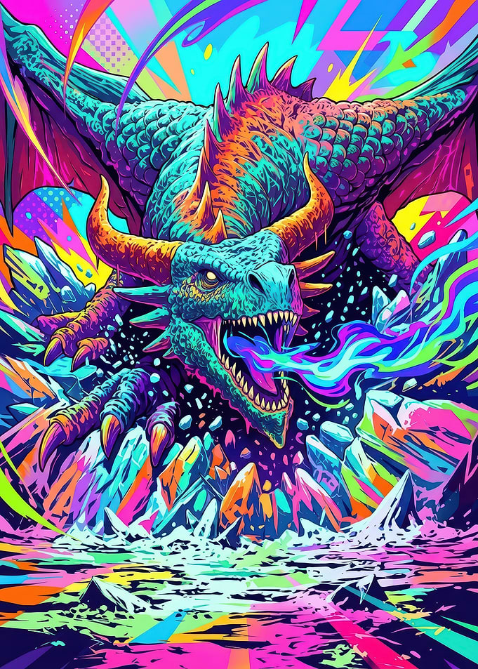 Neon Psychedelic Dragon Breathing Fire