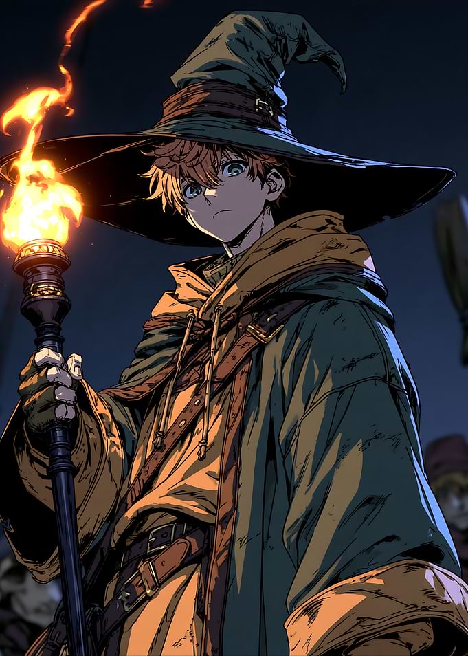 Young Wizard Holding a Flaming Torch
