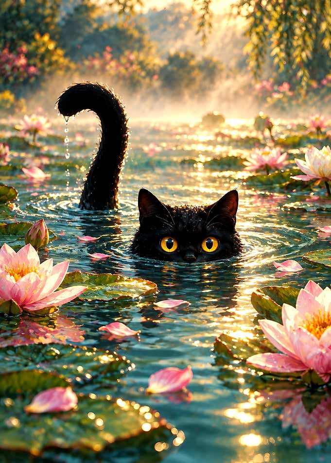 Black Cat Swimming in Lotus Pond