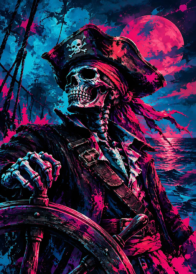 Neon Skeleton Pirate at Helm