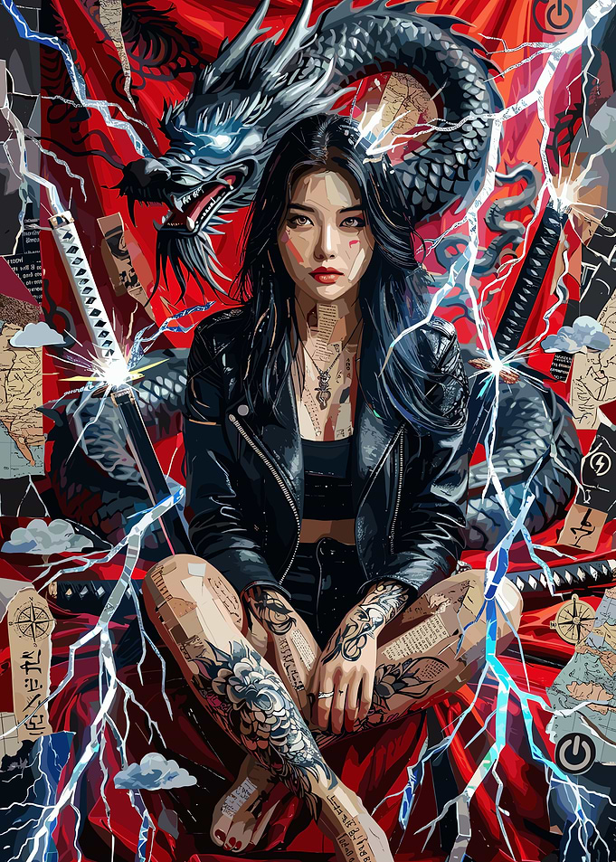 Tattooed Woman with Dragon and Katanas