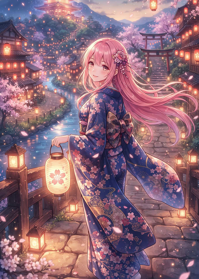 Anime Girl in Kimono at Festival