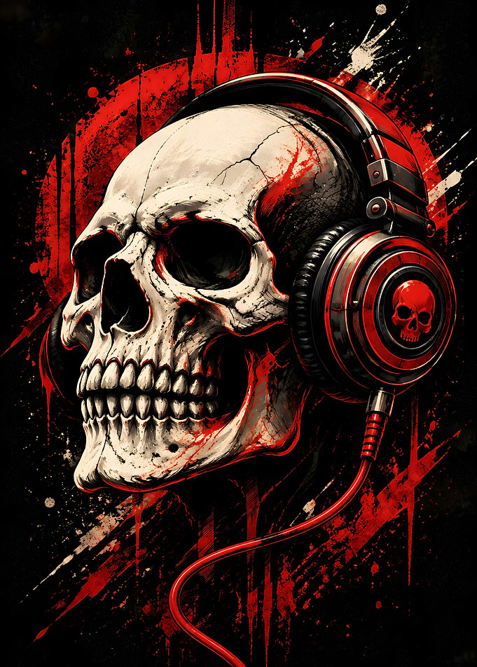 Skull Wearing Red Headphones Art