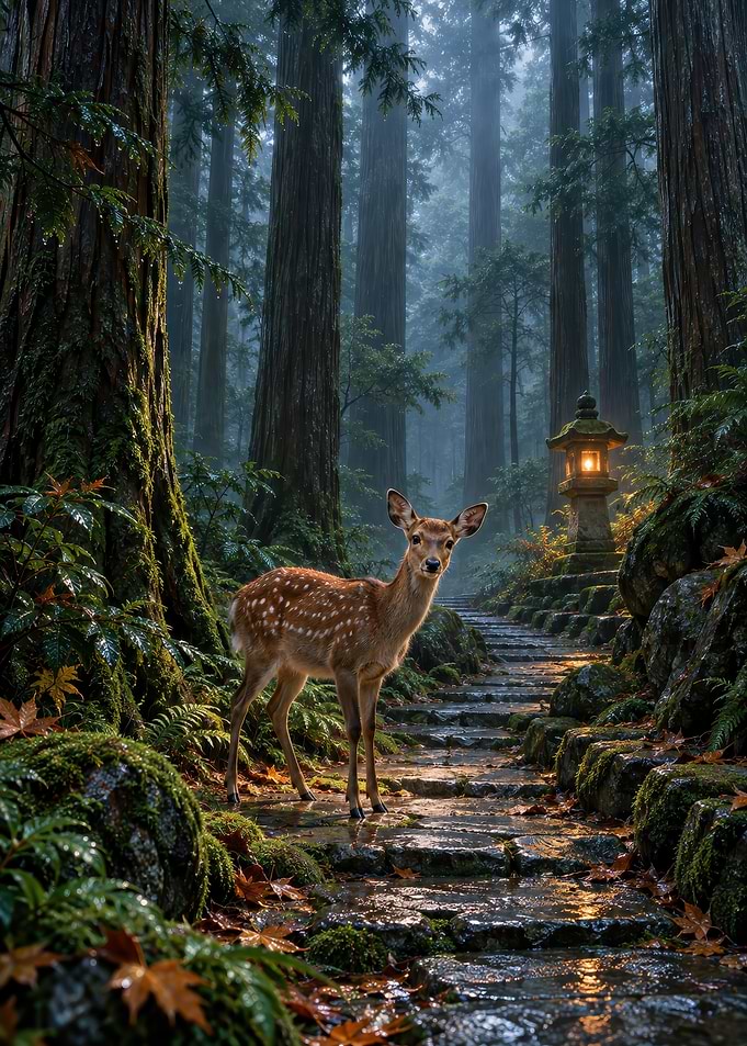 Spotted Deer in Misty Japanese Forest