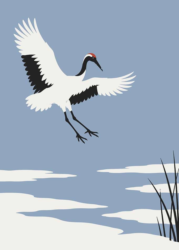 Crane Landing in Snow – Japandi Flat Poster Art