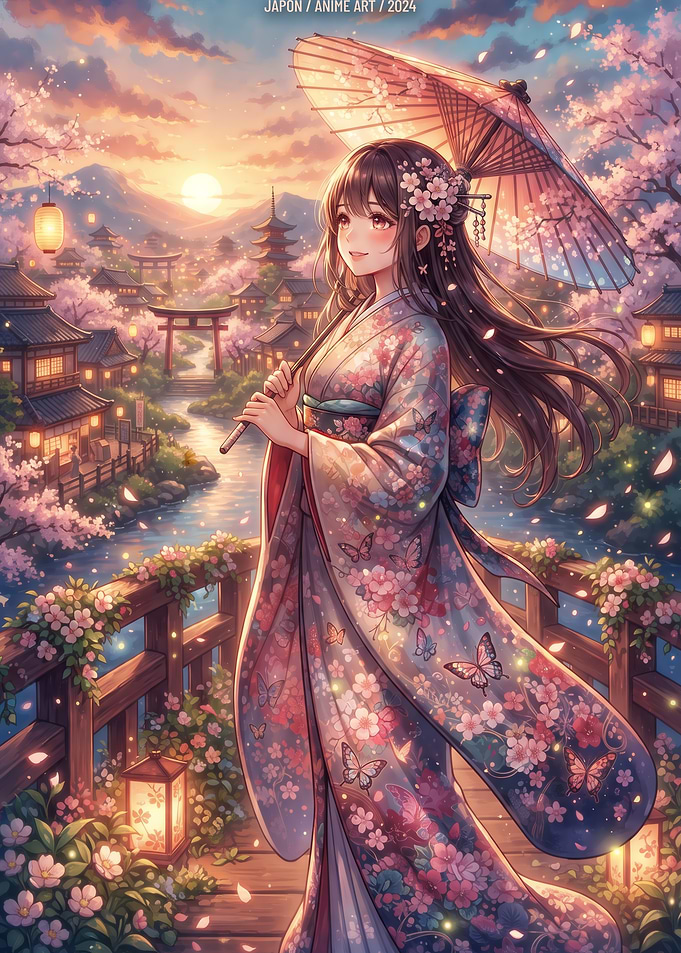 Anime Girl in Kimono at Sunset