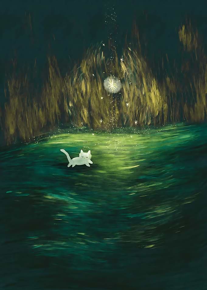 Small White Cat Chasing Magic Light