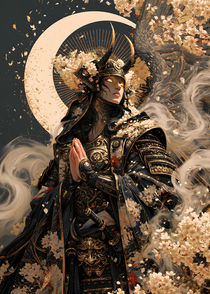 Celestial Oni Samurai - Golden Crescent Moon