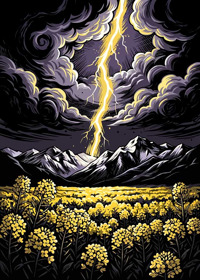 Lightning Striking Over Canola blossoms Field