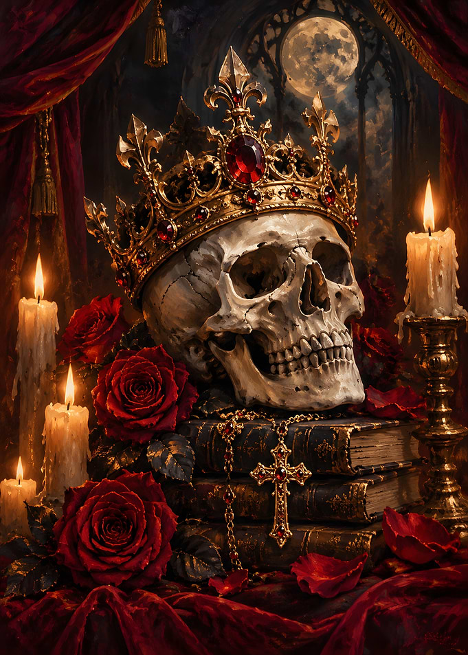 Gothic Skull with Crown and Roses