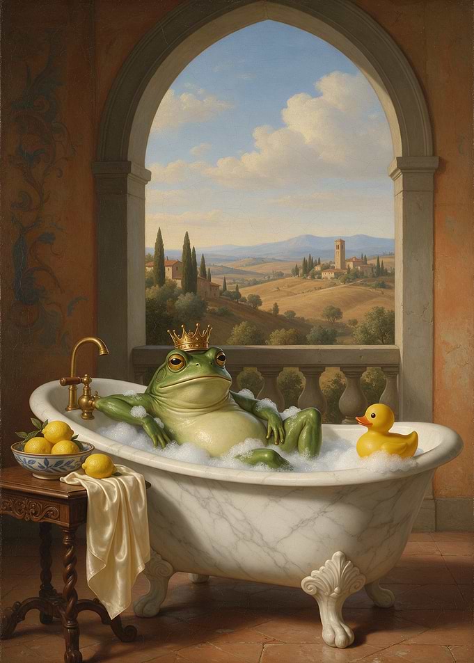 Royal Frog Relaxing in Marble Bathtub