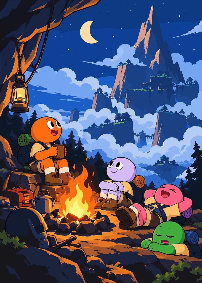 Colorful Characters Camping Under Moonlight