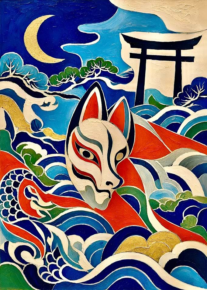 Mystical Kitsune Fox Mask & Torii Gate Impasto Oil Painting – Traditional Japanese Mythology Wall Art