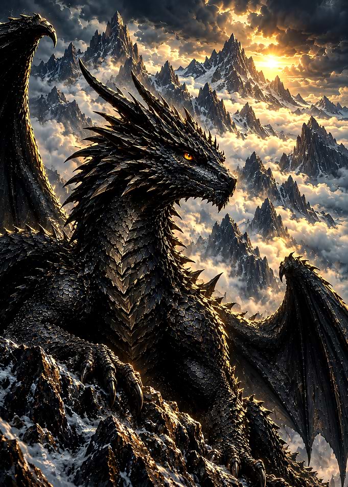 Majestic Black Dragon Above Clouds