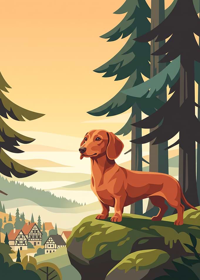 Dachshund Standing on Forest Cliff