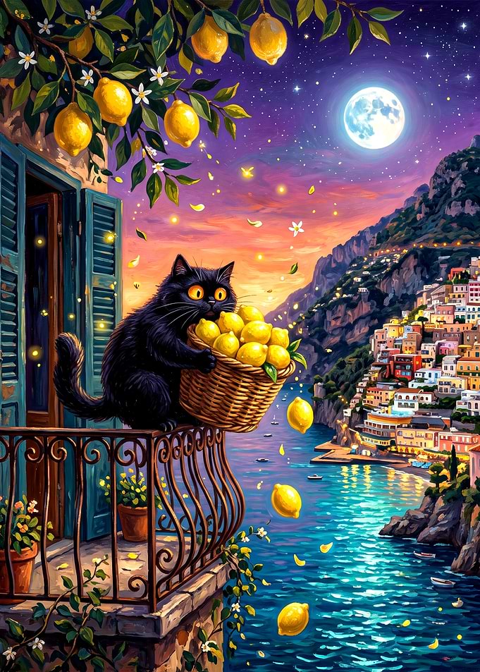Black Cat Harvesting Lemons at Sunset