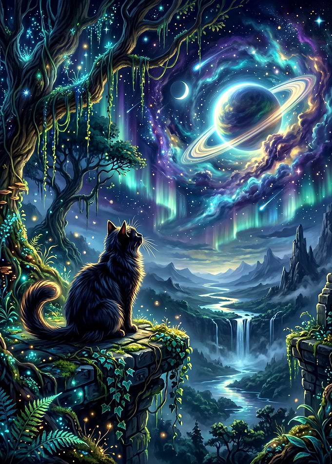 Black Cat Watching Cosmic Planet