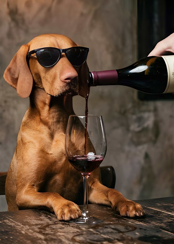 Cool Dog Drinking Red Wine