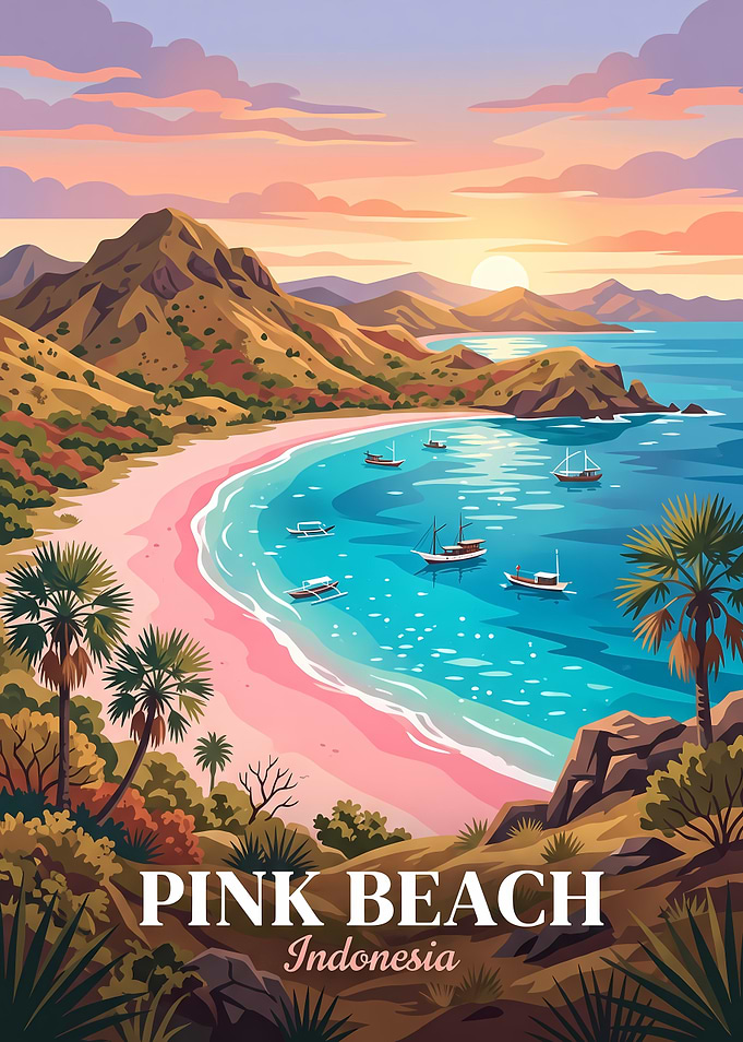 Pink Beach Indonesia Travel Poster
