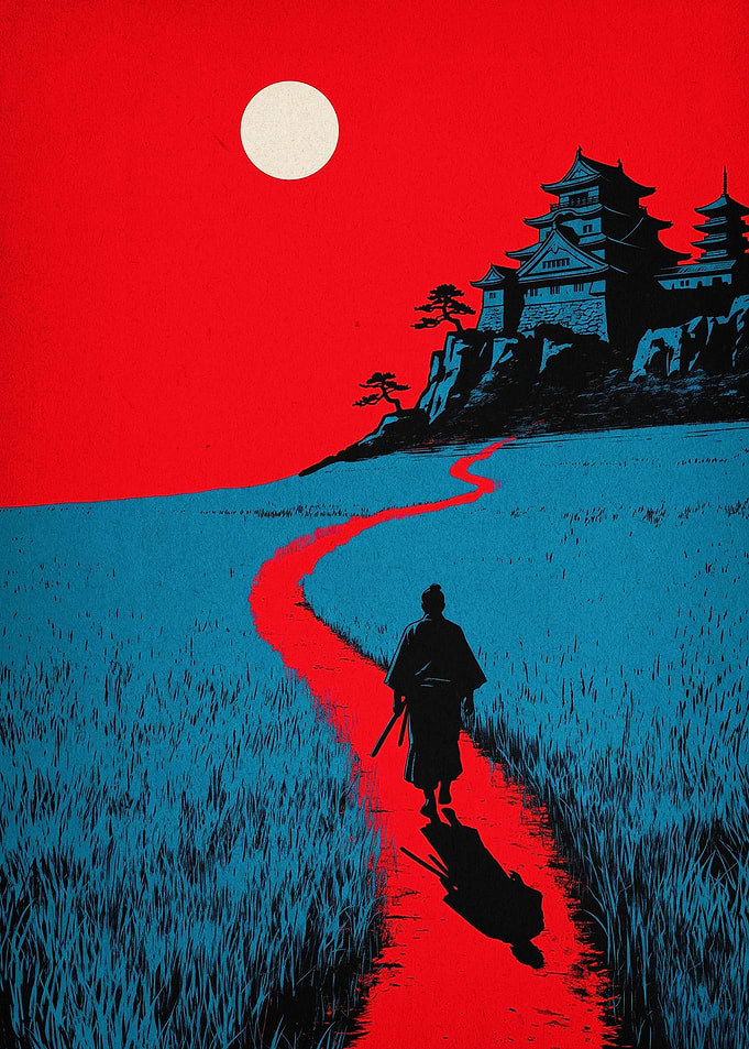 Samurai Castle Red Moon Art