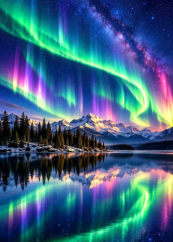 Aurora Borealis Over Mountain Lake