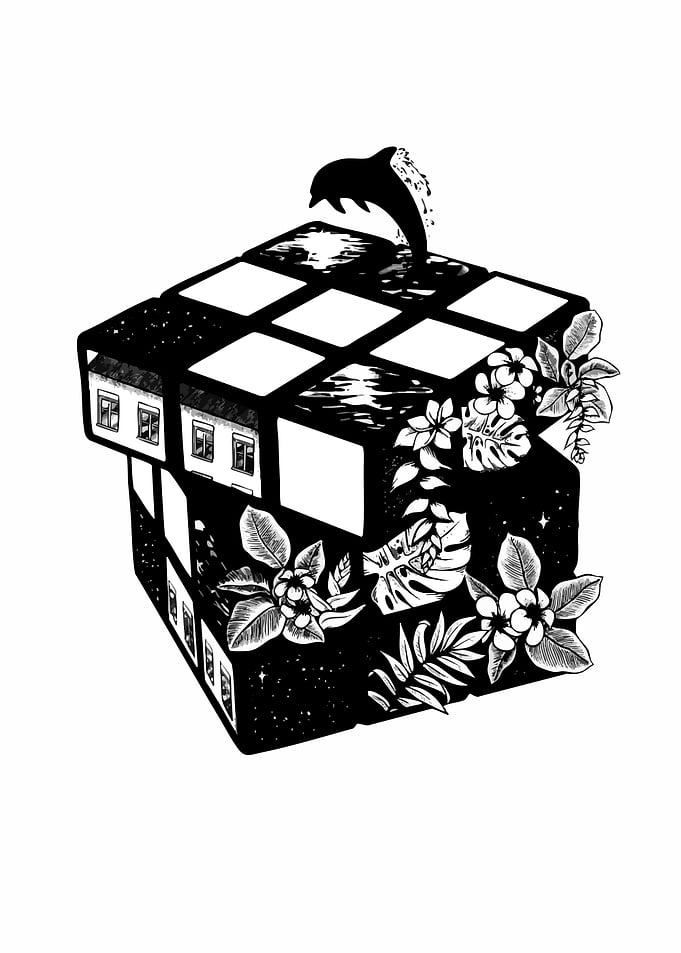 Surreal Rubik's Cube Nature Illustration