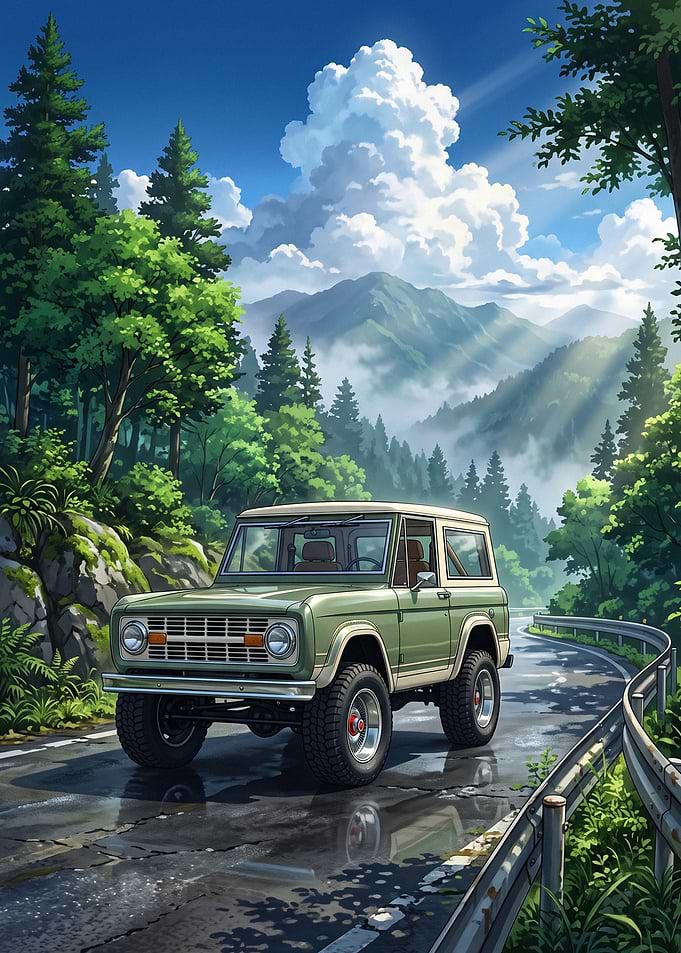Vintage Green SUV on Mountain Road